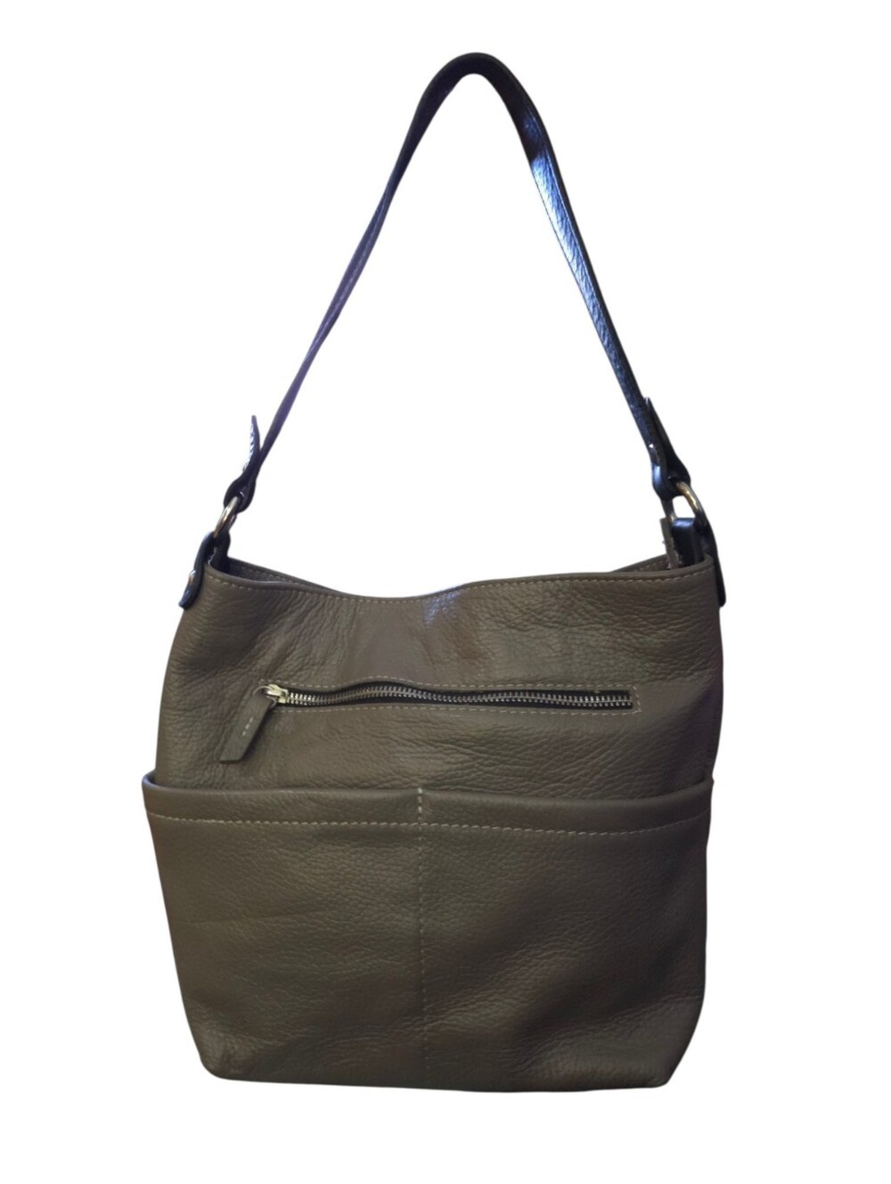 Valentina Slouchy Shoulder Zip Bag Beige-Gray & Black Strap Pebbled Leather